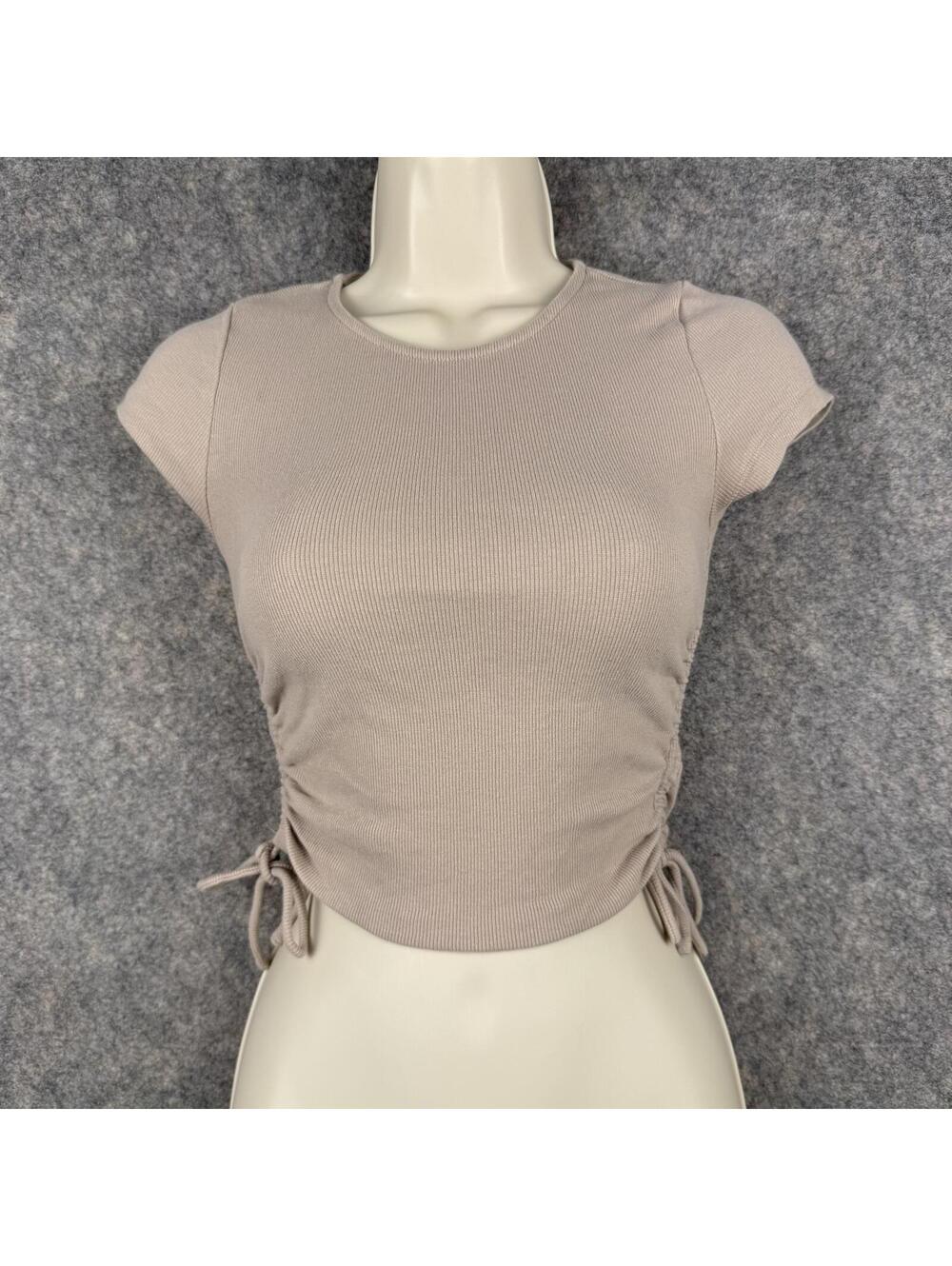Princess Polly Fitted Short Sleeve Top Side Drawstring Ruching Taupe Size 4 430